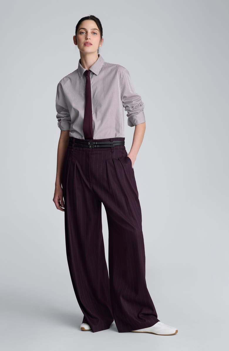 Kenneth Cole Pinstripe Pleated Double Belted High Waist Wide Leg Pants, Alternate, color, Deep Maroon Multi