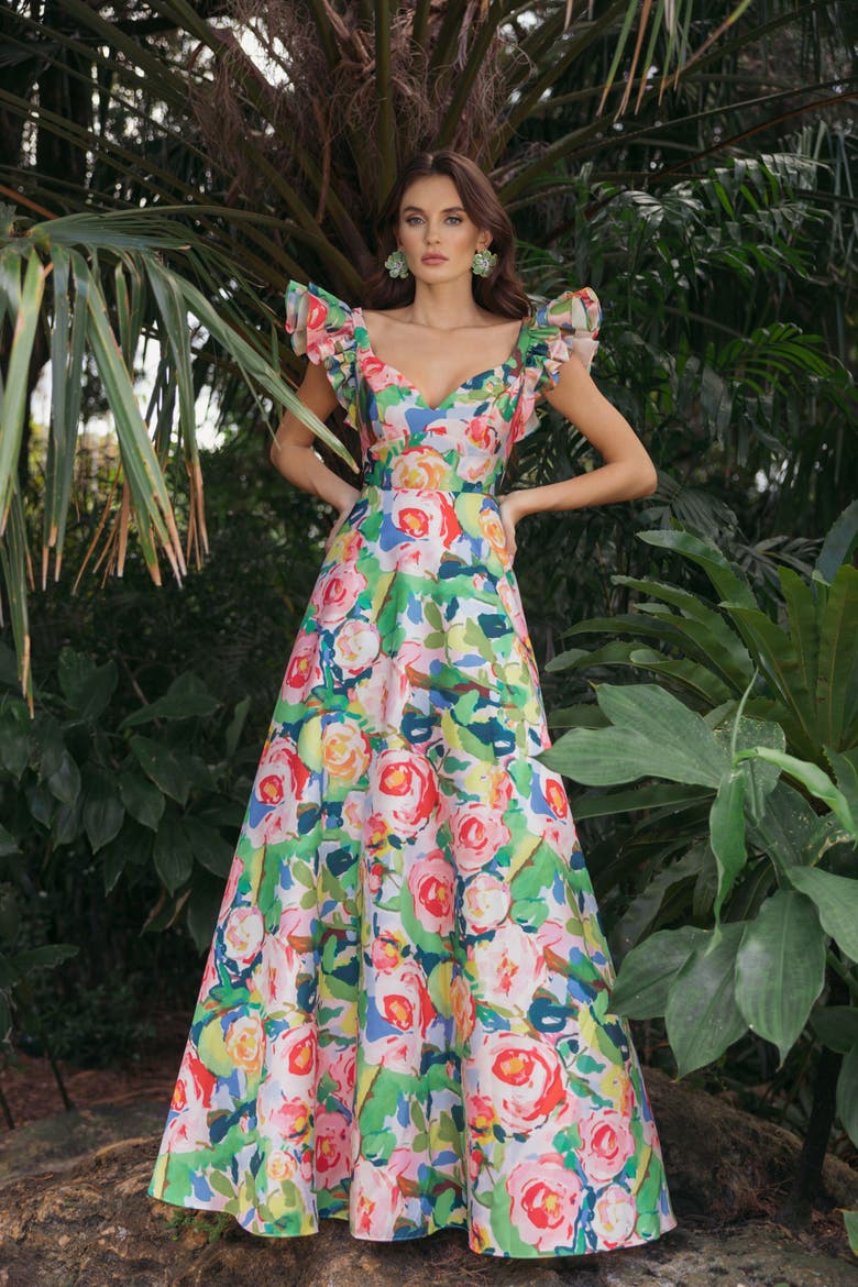 Printed Mikado Ruffle Sleeve V Neck Ballgown, Alternate, color, Blue Multi