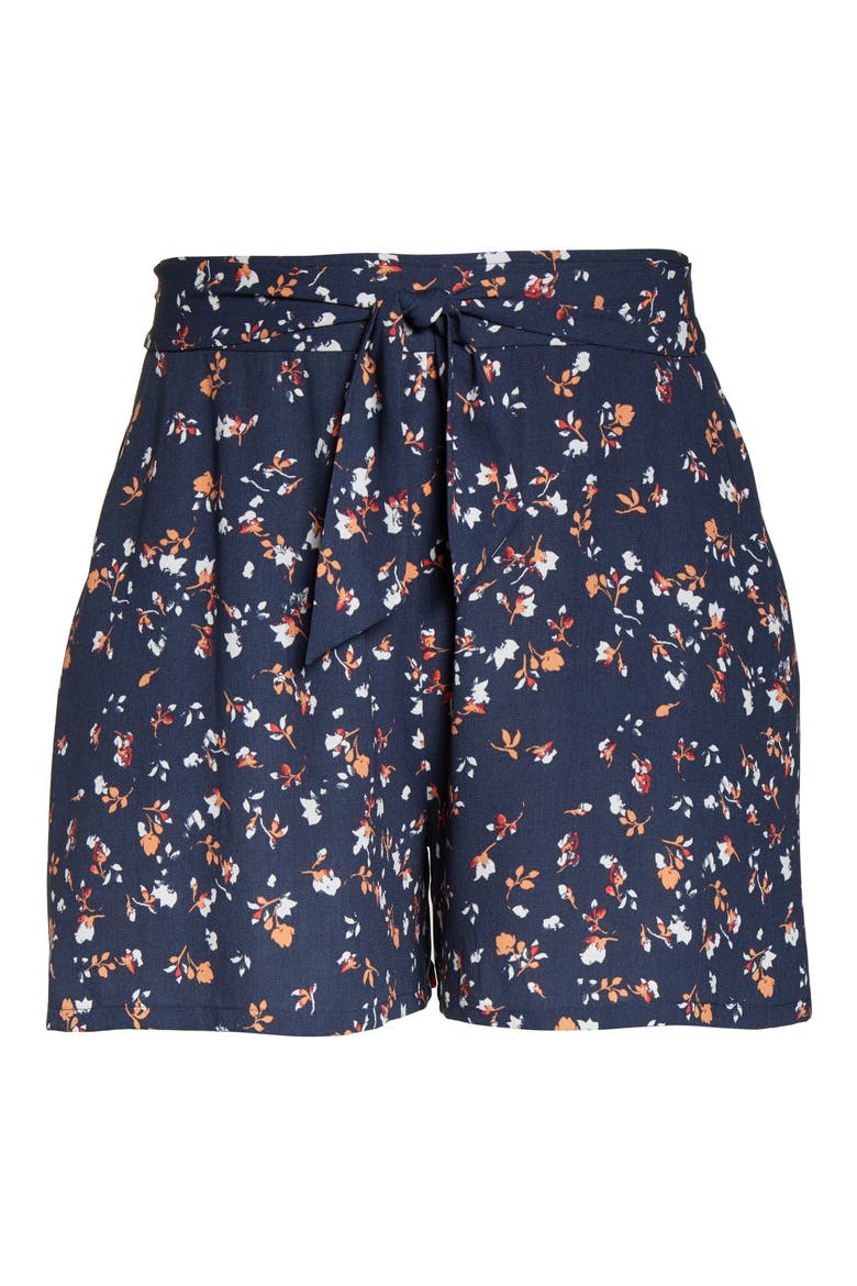 Floral Print Tie Waist Shorts, Alternate, color, NAVY INDIGO COTTON FLORAL