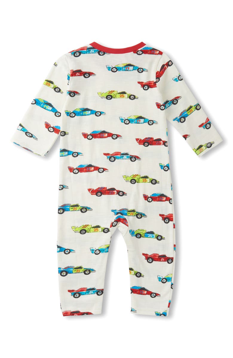 Hatley Race Car Print Cotton Romper, Alternate, color, 
