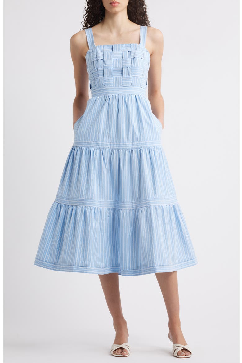 Square Neck Basketweave Bodice Midi Dress, Main, color, BLUE WHITE
