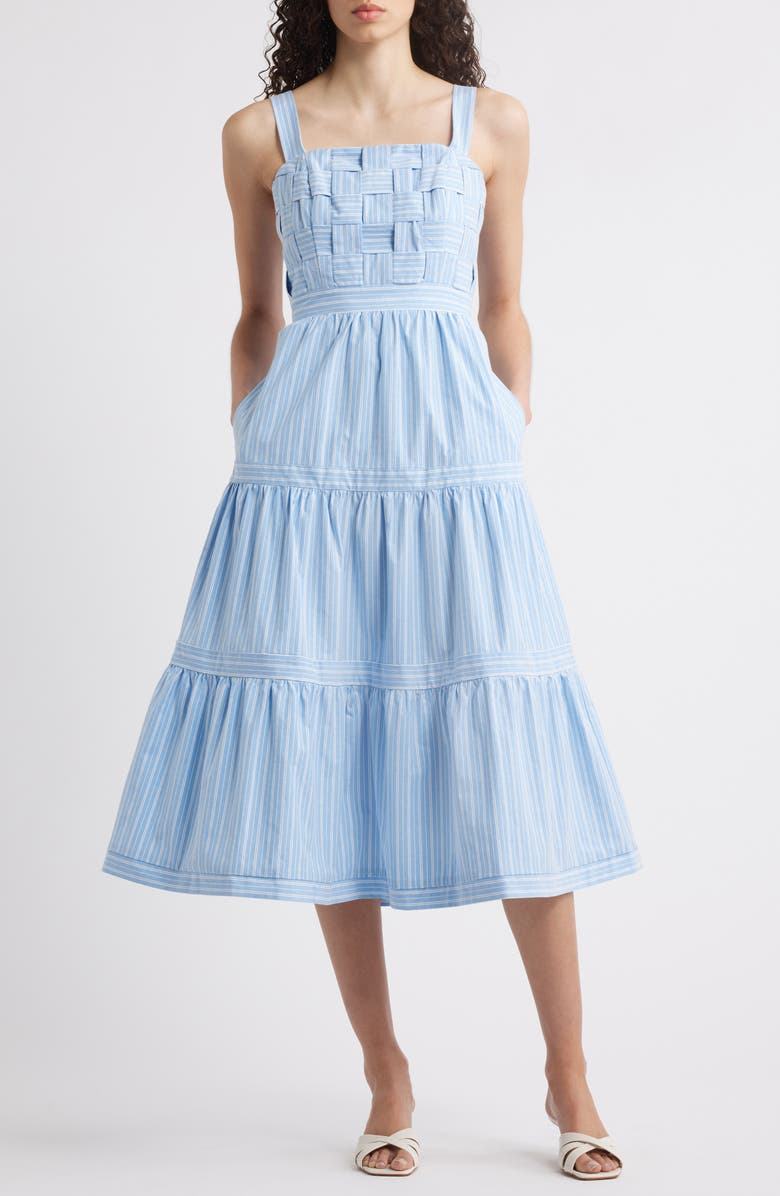 Eliza J Square Neck Basketweave Bodice Midi Dress, Main, color, Blue White
