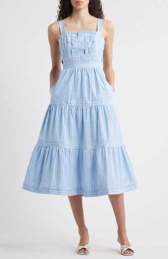 Square Neck Basketweave Bodice Midi Dress