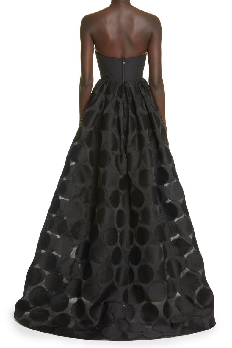 Fil Coupé Polka Dot Strapless Ballgown, Alternate, color, BLACK