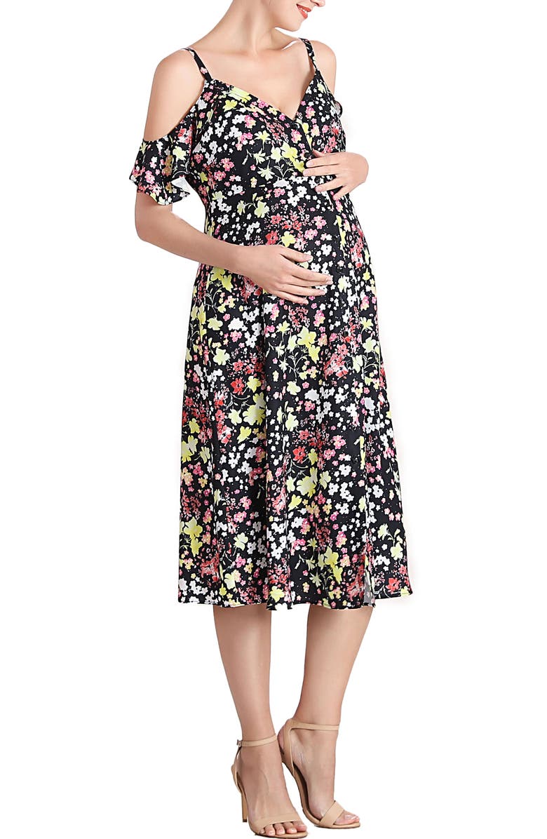 Kimi and Kai Esme Floral Cold Shoulder Button Front Maternity Dress, Alternate, color, 