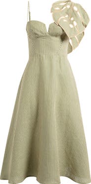 FARM Rio Stripe Monstera Leaf Sleeveless Linen Midi Dress
