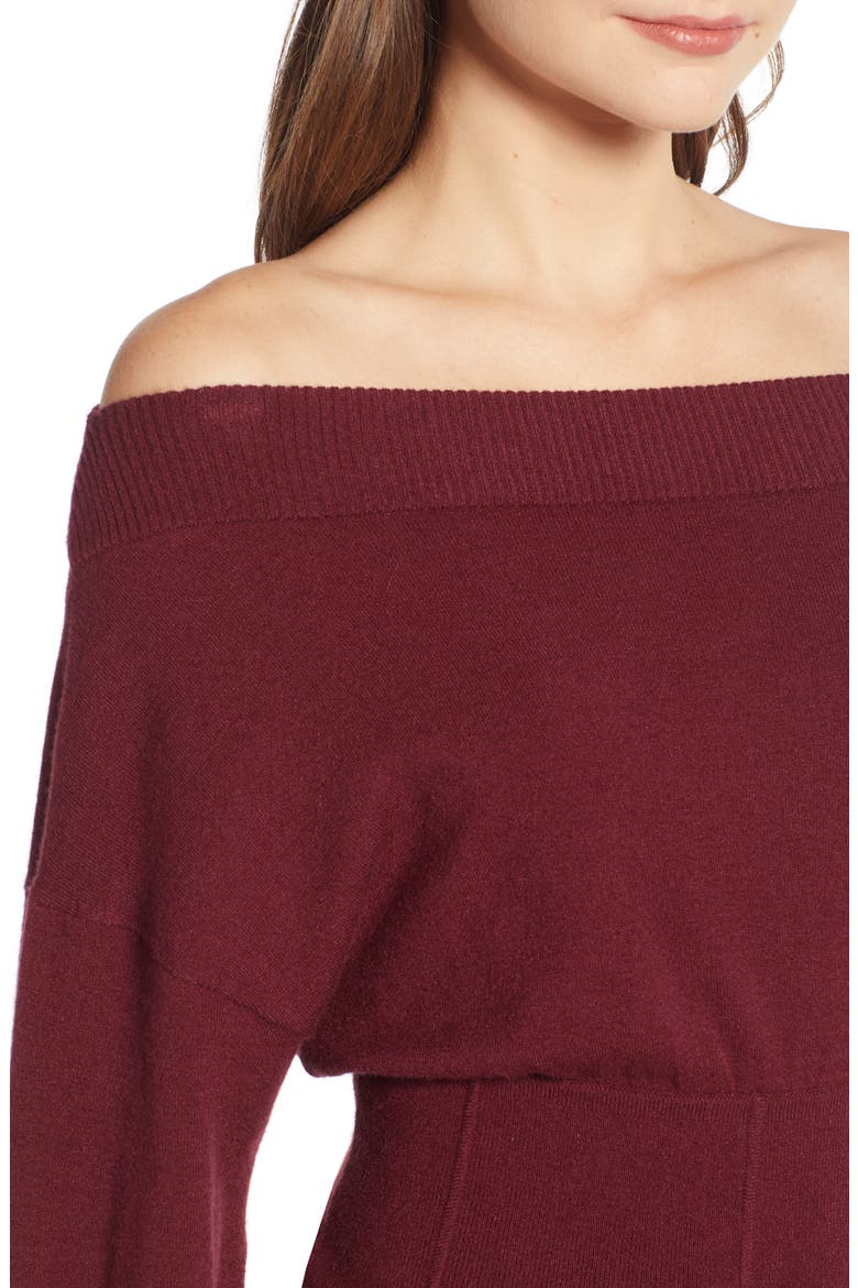 Waist Detail Off the Shoulder Sweater (Nordstrom Exclusive), Alternate, color, RED TANNIN