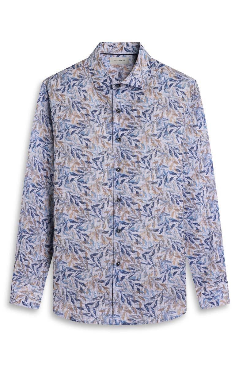 Bugatchi Julian Shaped Fit Leaf Print Cotton & Linen Button-Up Shirt, Alternate, color, Cobalt
