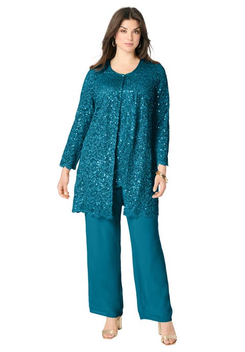 Plus-Size 3 Piece Allover Sequin Lace Jacket and Tank Pant Set