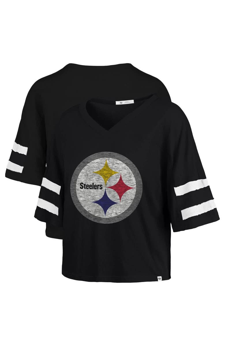 '47 Women's '47 Black Pittsburgh Steelers Premier Scout Cropped V-Neck T-Shirt, Alternate, color, Black