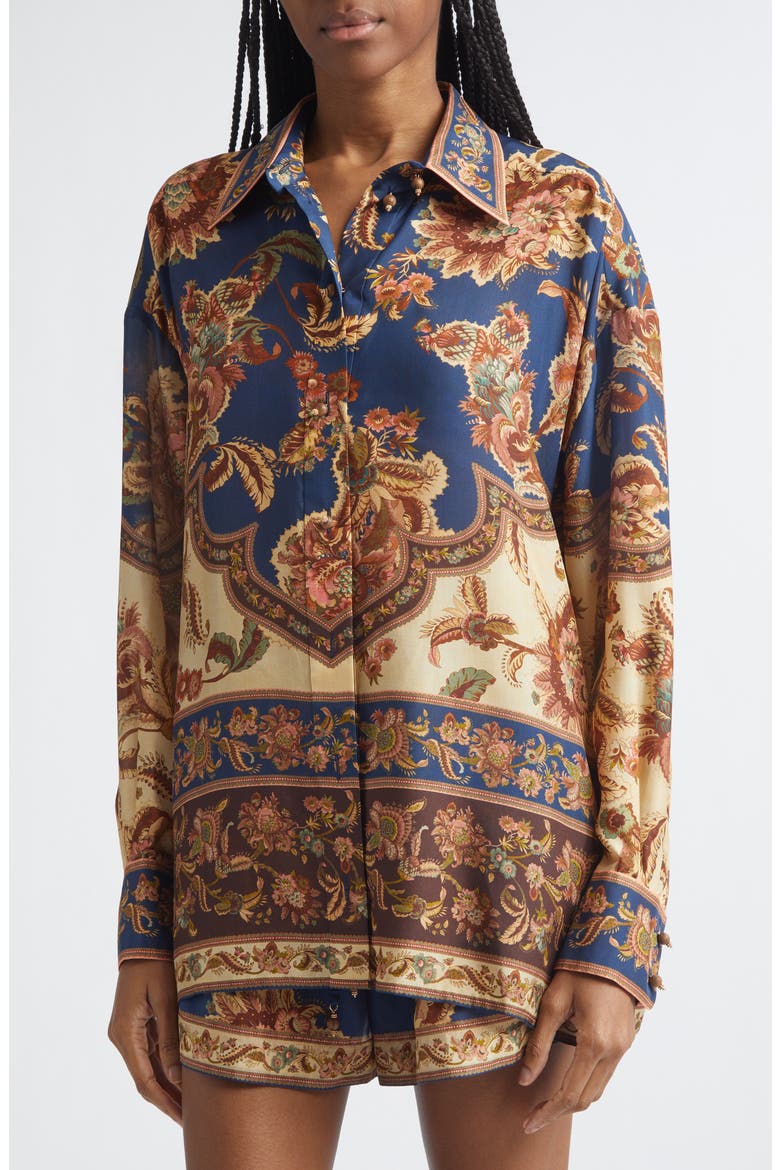 Aster Floral Border Print Silk Shirt, Alternate, color, NAVY JACOBEAN