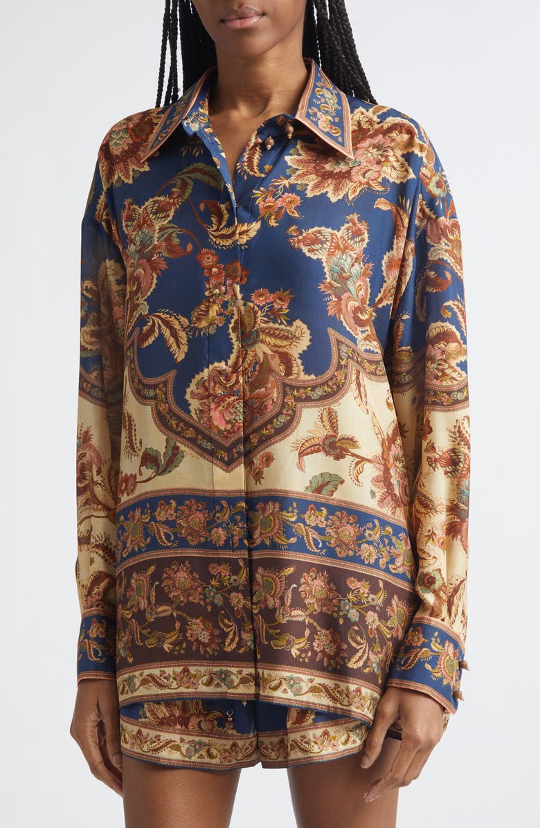 Zimmermann Aster Floral Border Print Silk Shirt, Alternate, color, Navy Jacobean