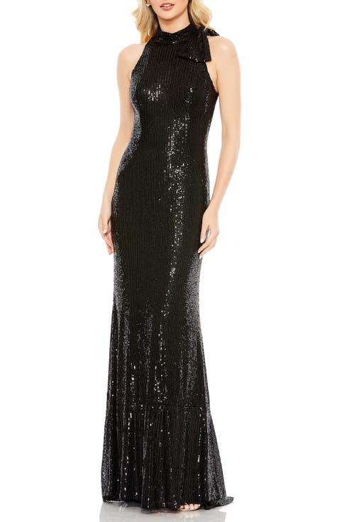 Sequin Mesh Gown with High Neckline & Statement Shoulder Bow