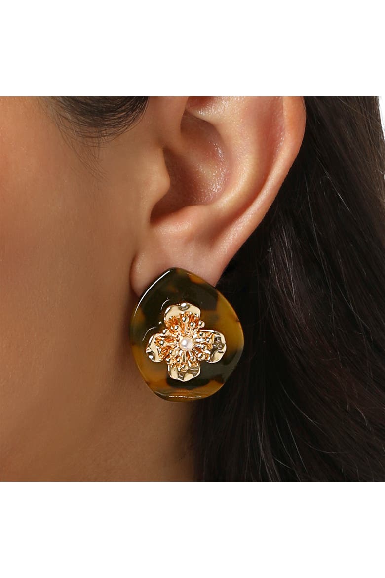 Leopard Acrylic Flower Stud Earrings, Gold-Tone Flower Earrings for Women, Alternate, color, Gold-Tone