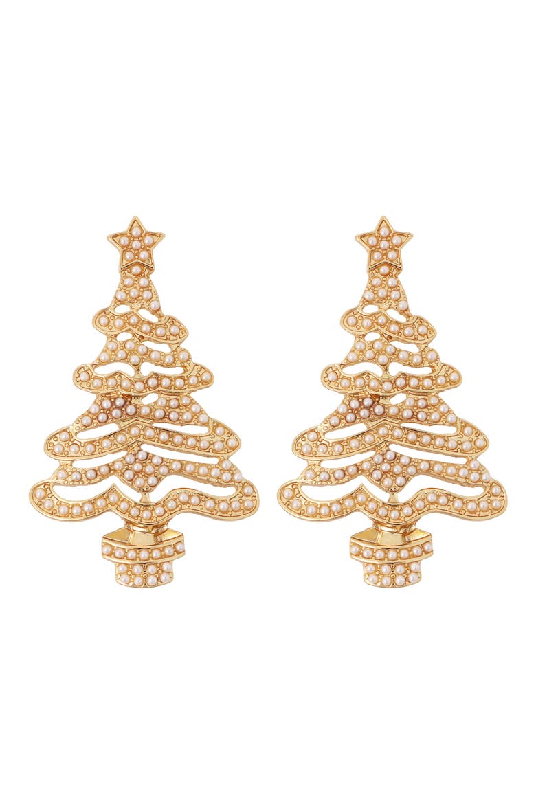 Imitation Pearl Christmas Tree Drop Earrings, Main, color, GOLD