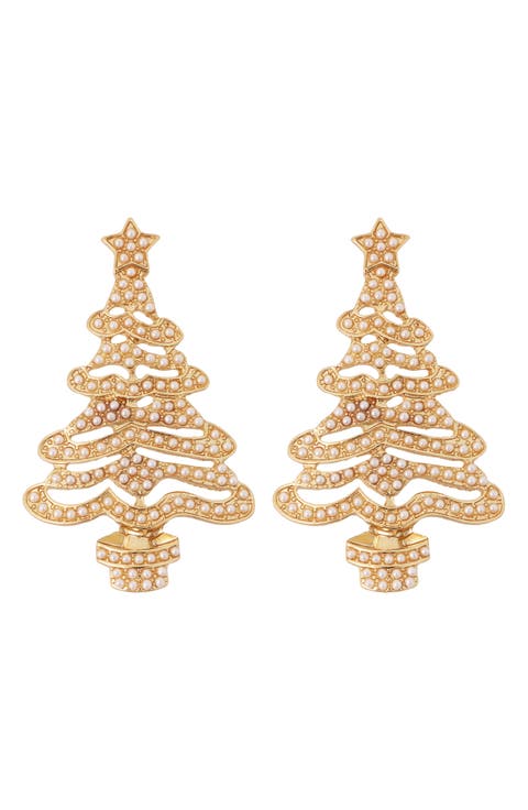 Imitation Pearl Christmas Tree Drop Earrings
