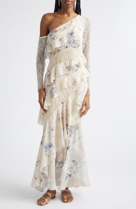 Laced with Love Asymmetric Frill Paneled One-Shoulder Long Sleeve Maxi Dress