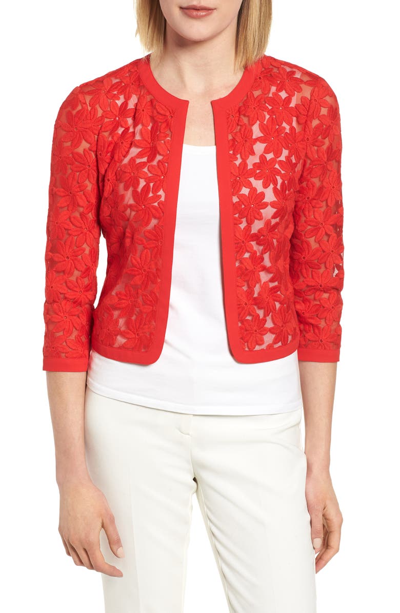 ZDNU ANNE KLEIN NEW YORK Anne Klein Floral Embroidered Mesh Cardigan, Main, color, 