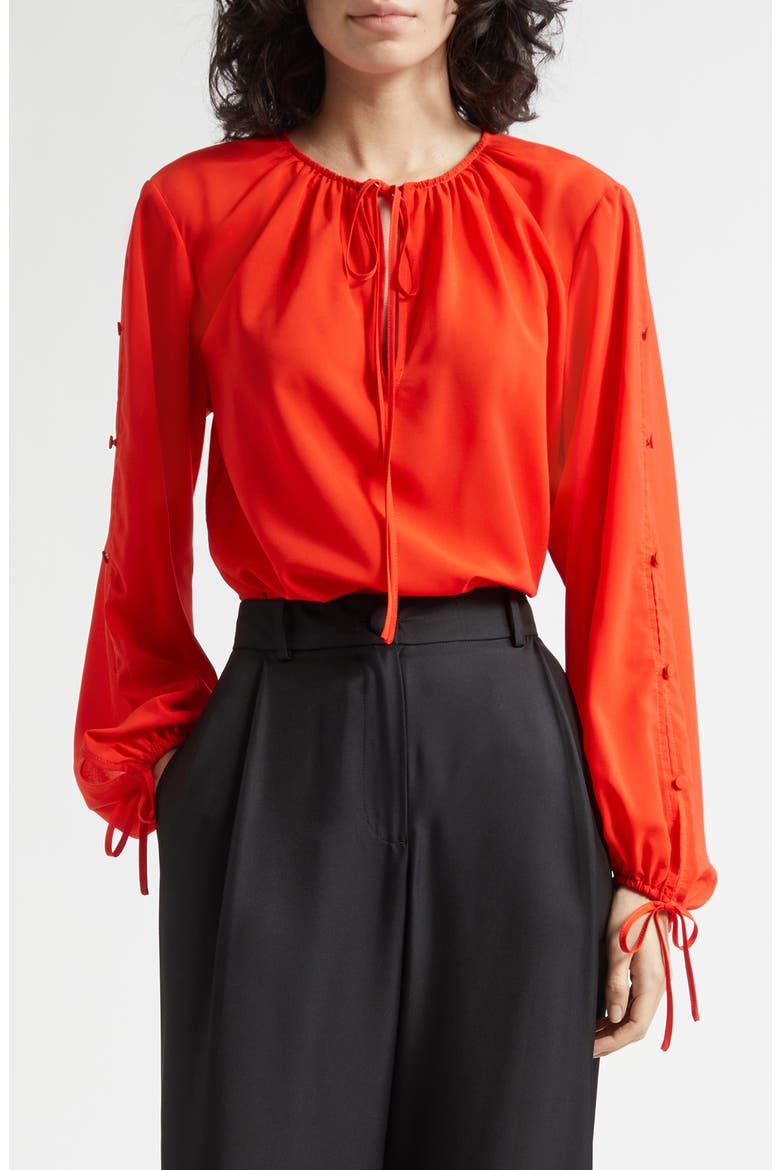 Oletta Button Long Sleeve Tie Cuff Top, Main, color, TOMATO