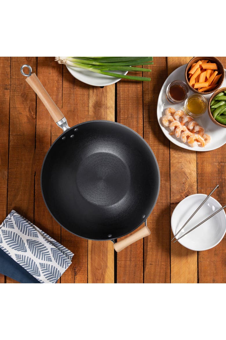 Preseasoned Cast Iron Flat Bottom Wok with Maple Handle, 14-Inch, Alternate, color, Black