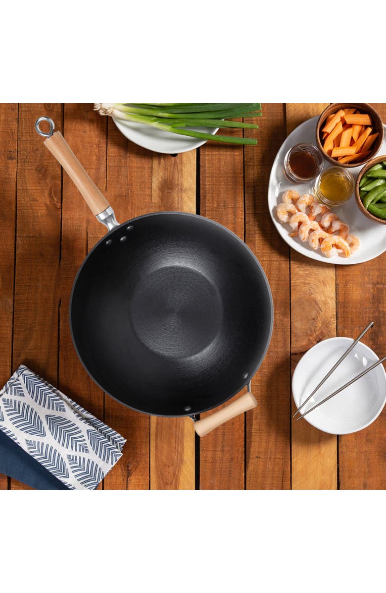 JOYCE CHEN Preseasoned Cast Iron Flat Bottom Wok with Maple Handle, 14-Inch, Alternate, color, Black