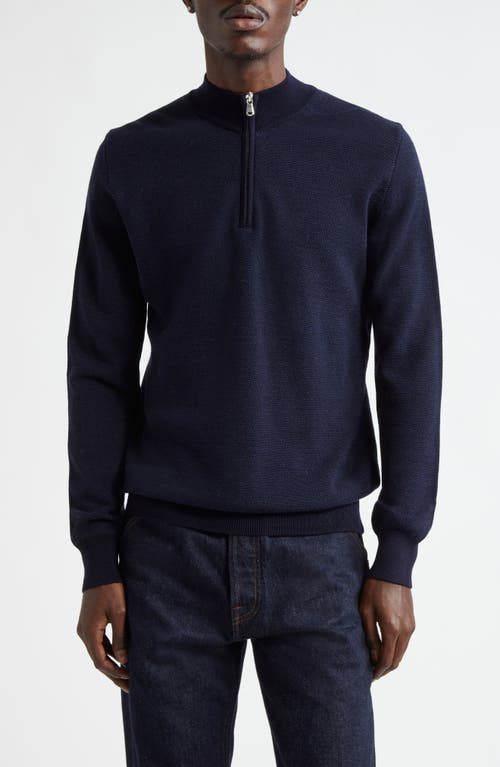 Sunspel Honeycomb Merino Wool Half Zip Sweater in Light Navy 