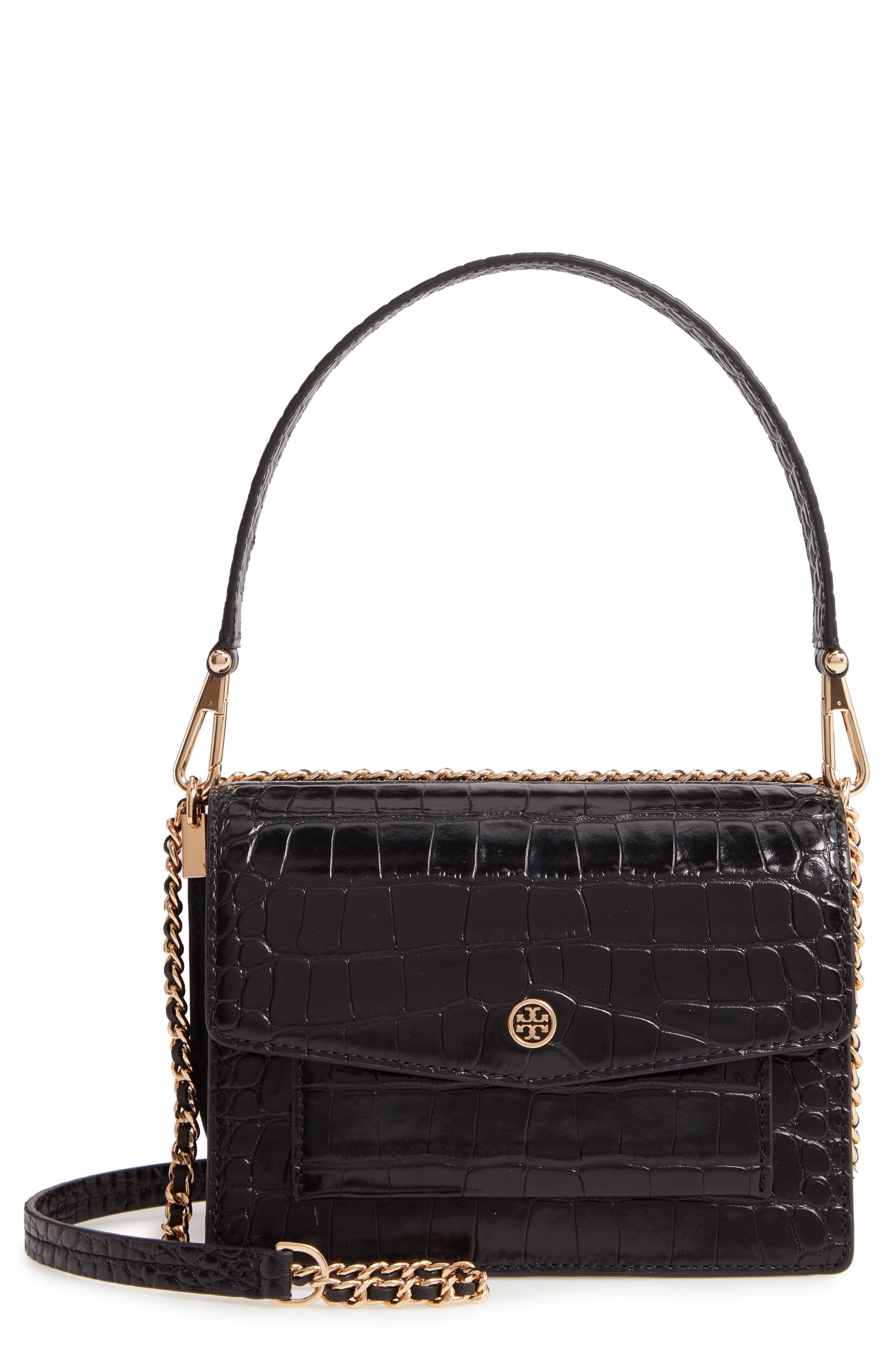 Tory Burch Robinson Croc Embossed Leather Shoulder Bag, Main, color, 