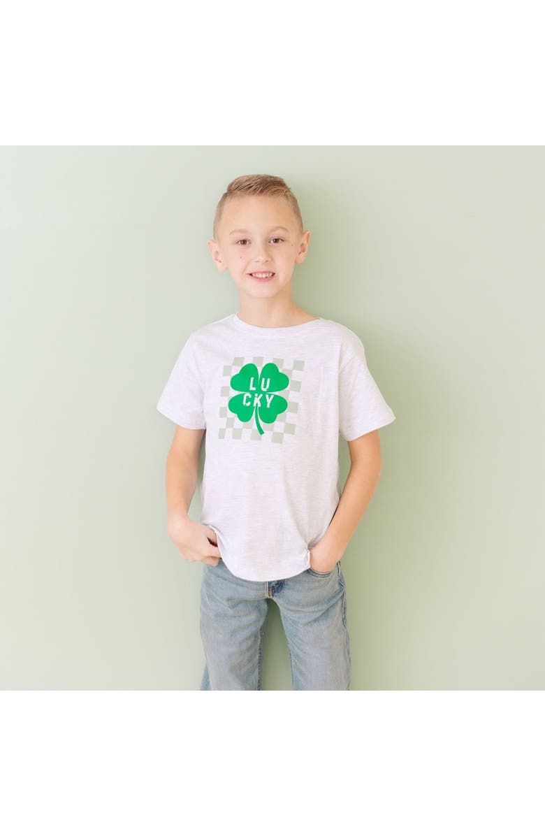 Sweet Wink Lucky Shamrock Checkered St. Patrick's Day Short Sleeve T-Shirt, Alternate, color, Ash