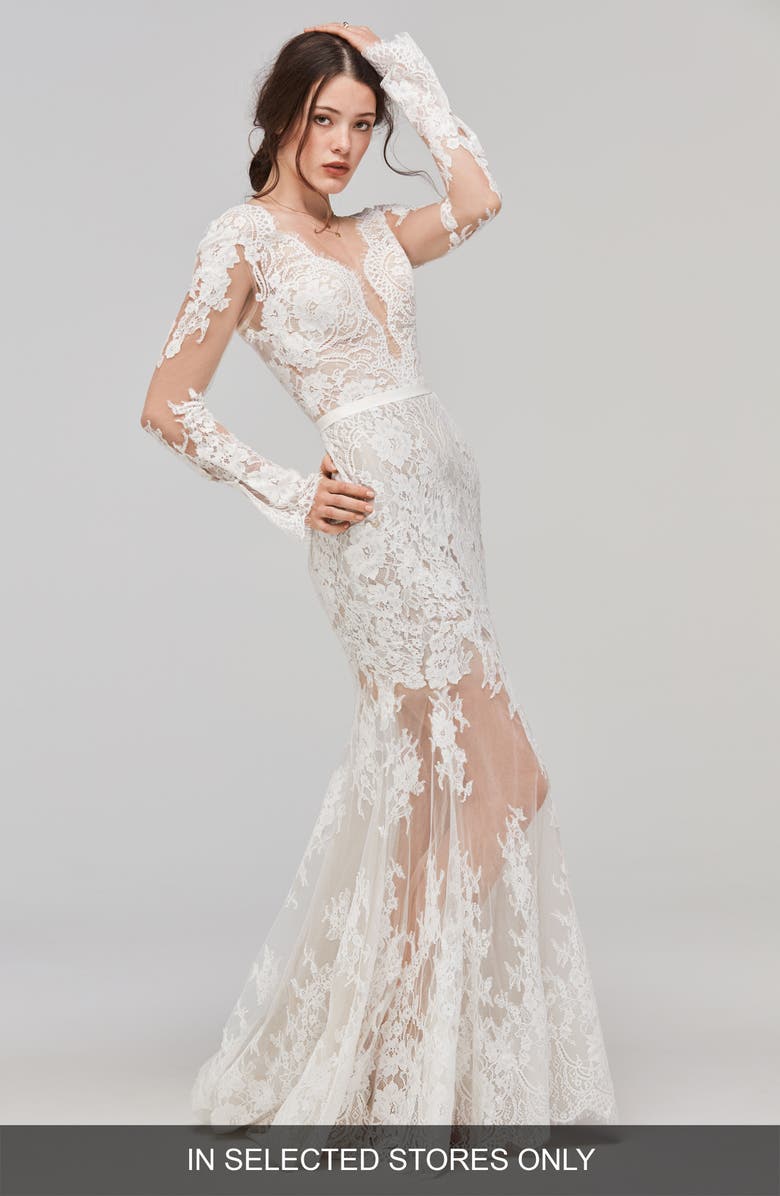 Willowby Sage Alençon Lace Trumpet Gown, Main, color, 