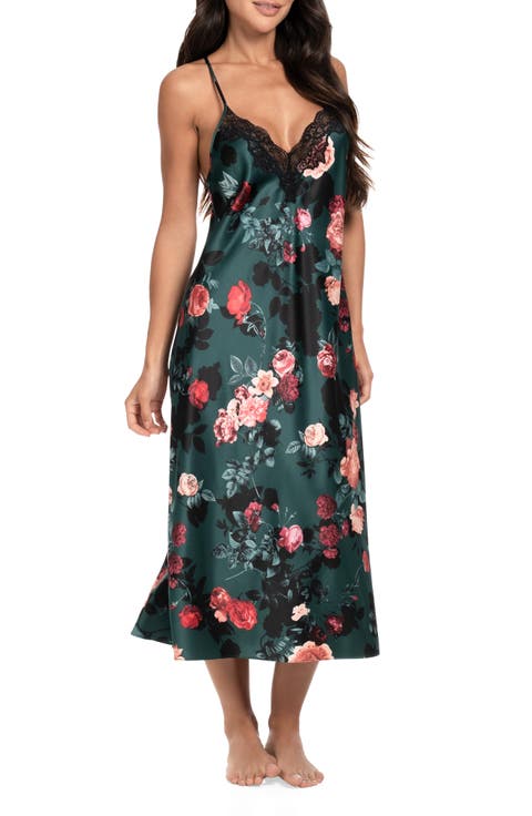 Lace Trim Stretch Satin Nightgown