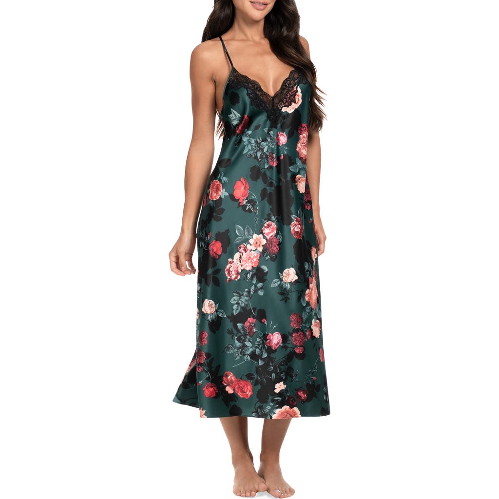 In Bloom By Jonquil Lace Trim Stretch Satin Nightgown In Forest Green
