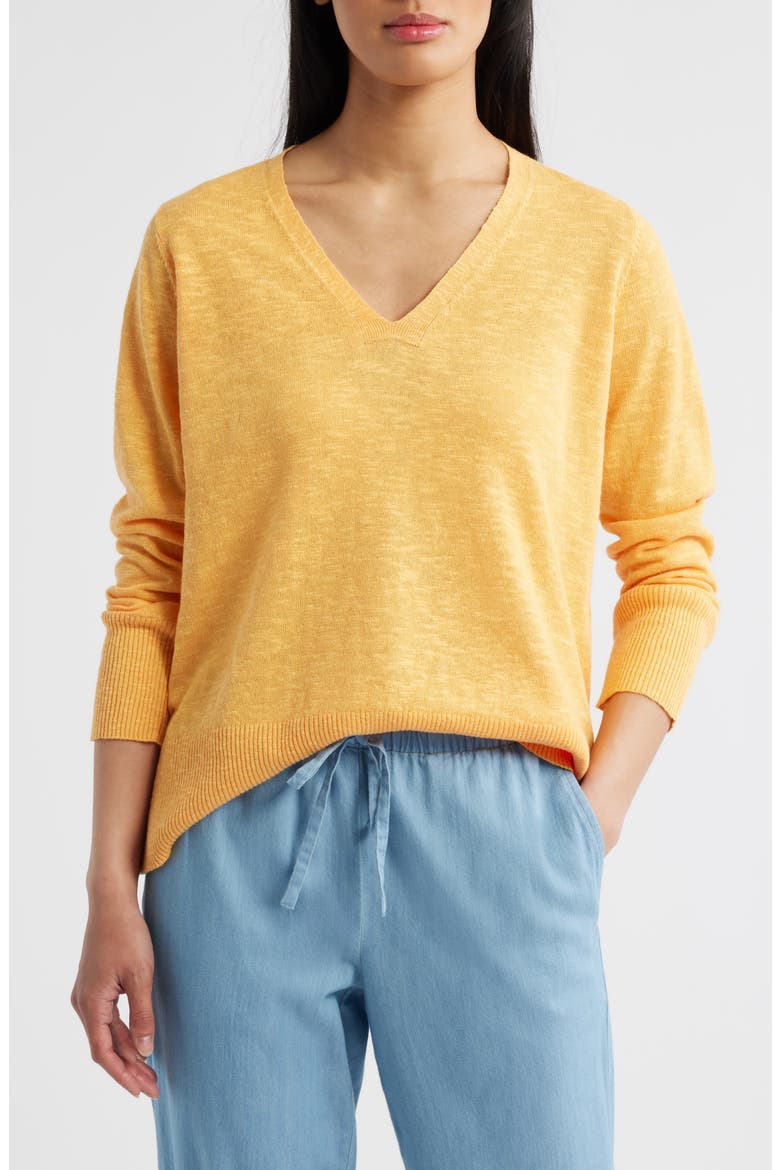 Organic Linen & Organic Cotton V-Neck Sweater, Main, color, CANTALOUPE