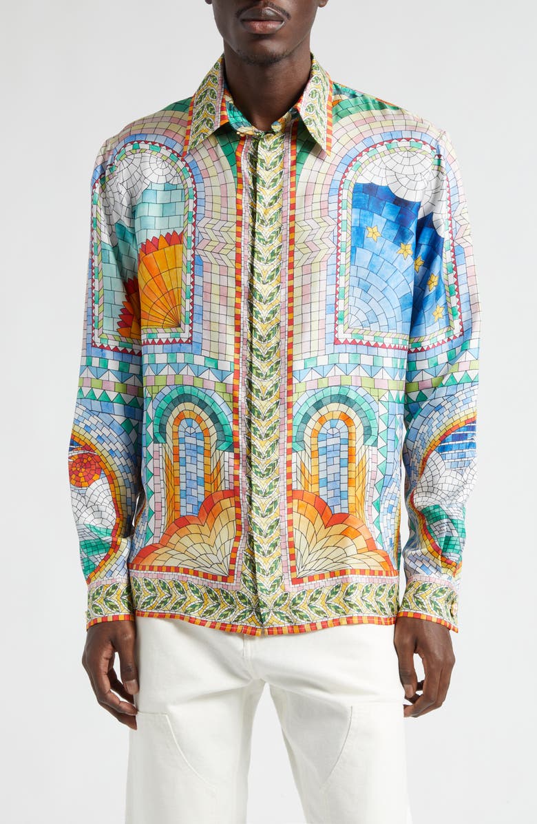 Casablanca Mosaic de Damas Print Silk Button-Up Shirt, Main, color,