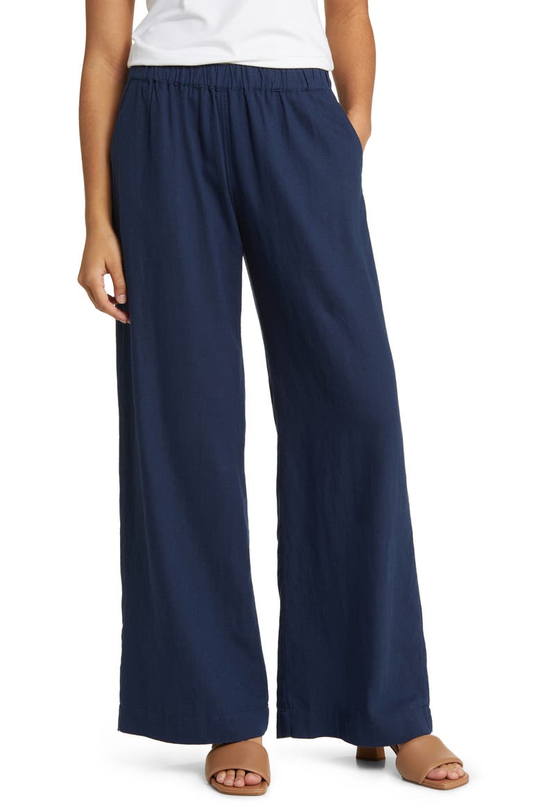 Wide Leg Pull-On Linen Blend Pants, Main, color, NAVY PEACOAT