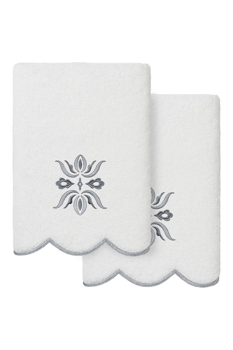 2-Piece Flower Crest Embroidered Turkish Cotton Hand Towel Set, Main, color, WHITE/ GRAY