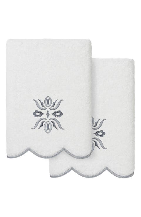 2-Piece Flower Crest Embroidered Turkish Cotton Hand Towel Set