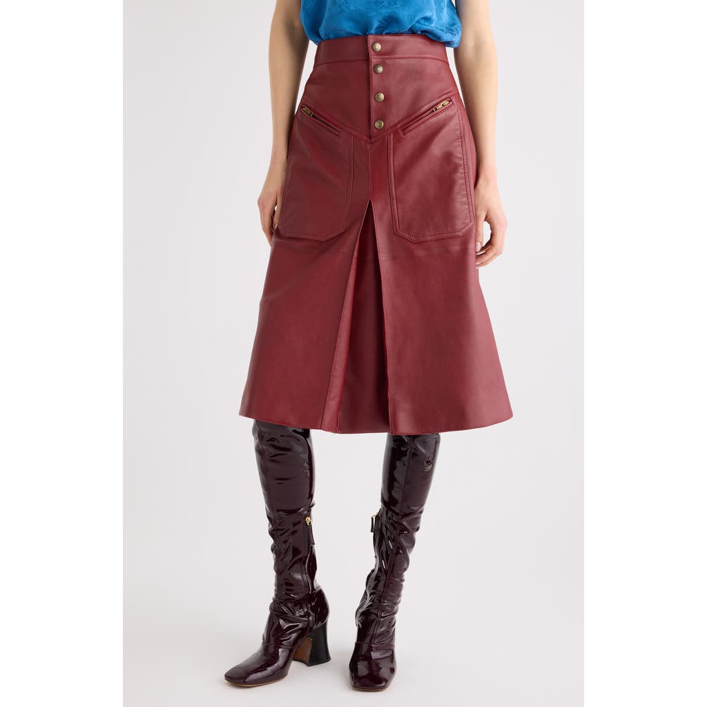 Chloé Pocketed Leather Midi Straight Skirt In Brown