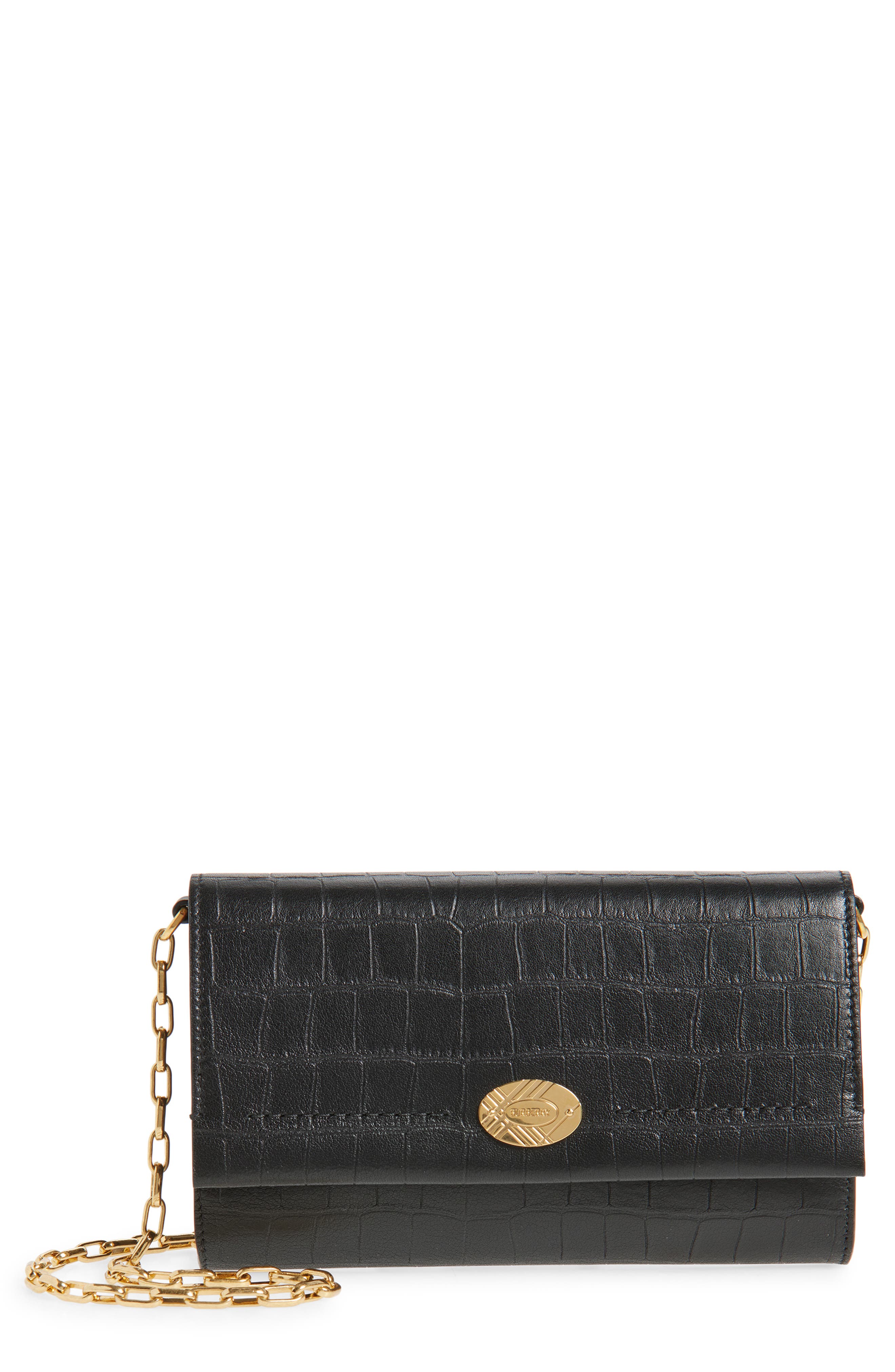 Cotswolds Croc Embossed Leather Wallet on a Chain, Main, color, BLACK