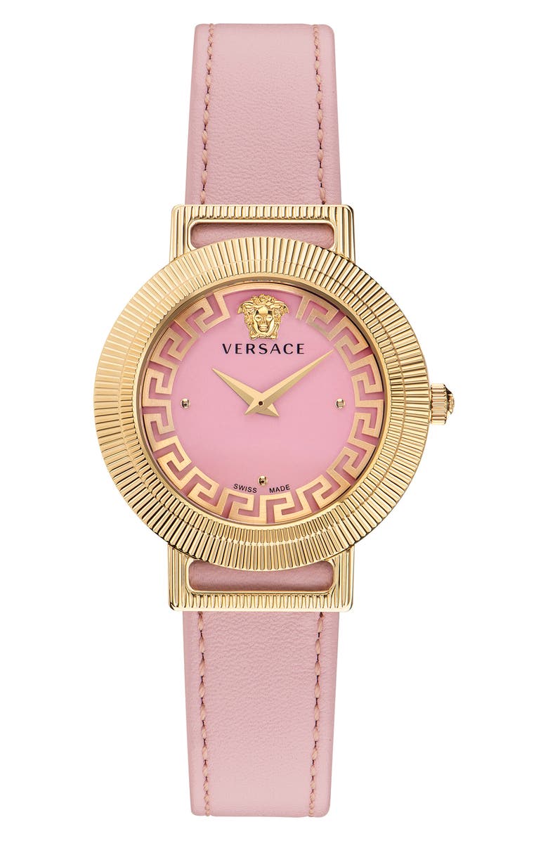 Versace Greca Chic Leather Strap Watch, 36mm, Main, color, 
