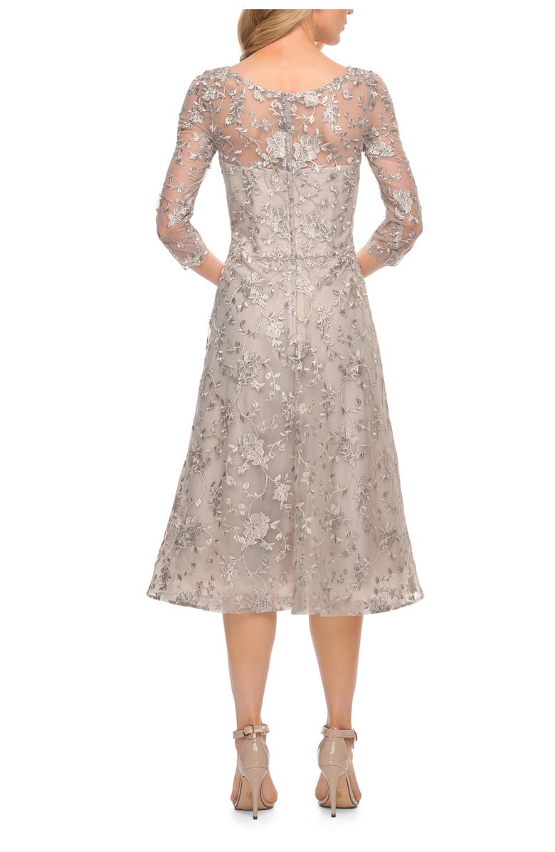 La Femme Tea Length Dress with Full Skirt in Lace, Alternate, color, Pearl Silver