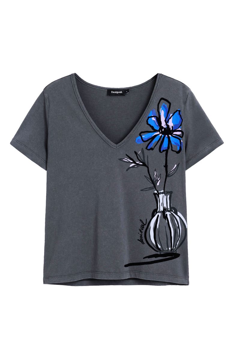 Desigual Floral V-Neck Cotton Graphic T-Shirt, Alternate, color, Faded Black