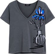 Desigual Floral V-Neck Cotton Graphic T-Shirt