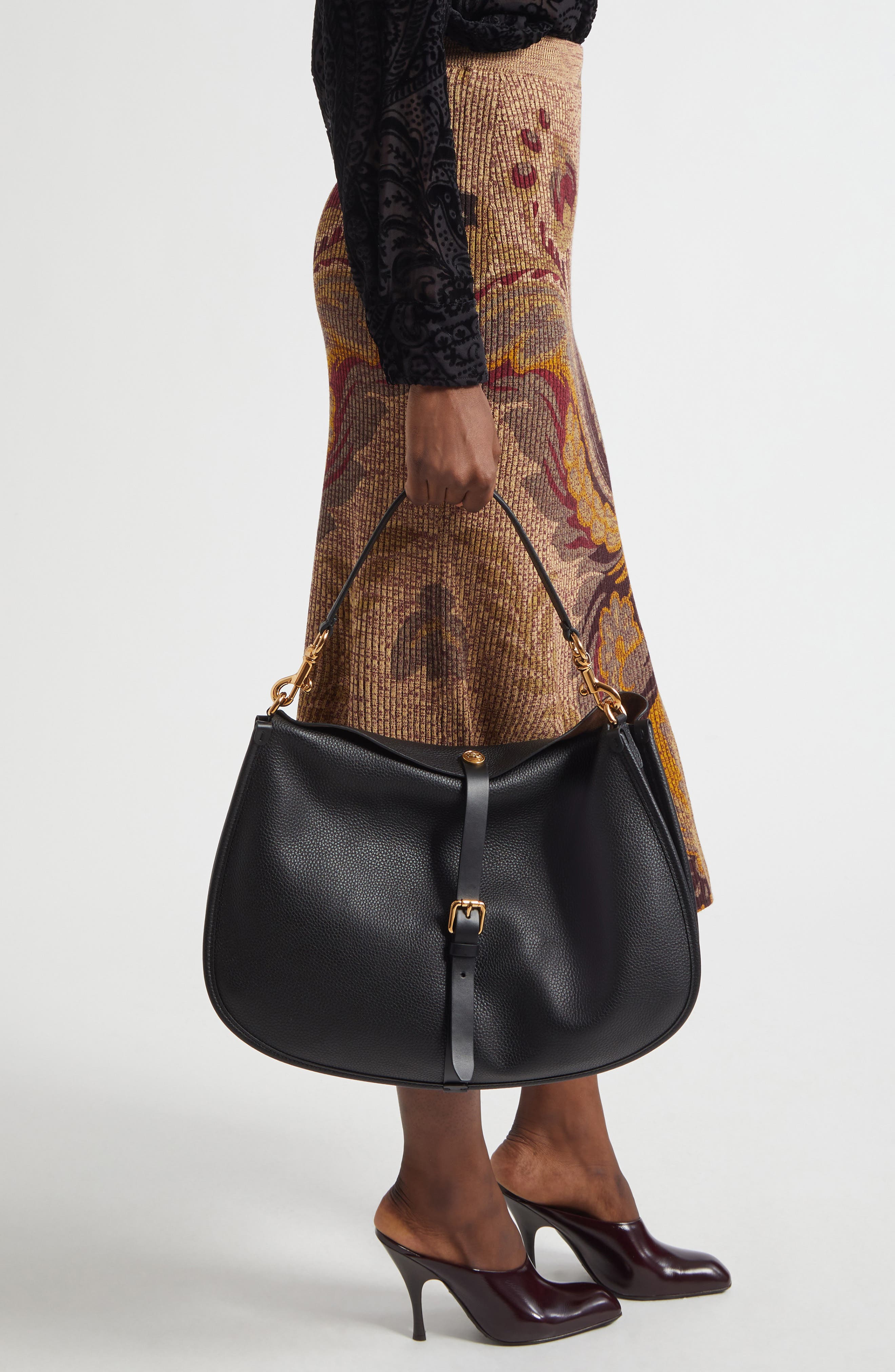 Etro Maxi Pony Tumbled Leather Shoulder Bag, Alternate, color, Black N0000