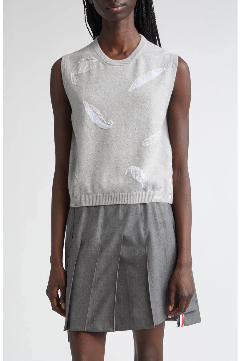 Feather Intarsia Cashmere Sweater Vest, Main, color, PALE GREY