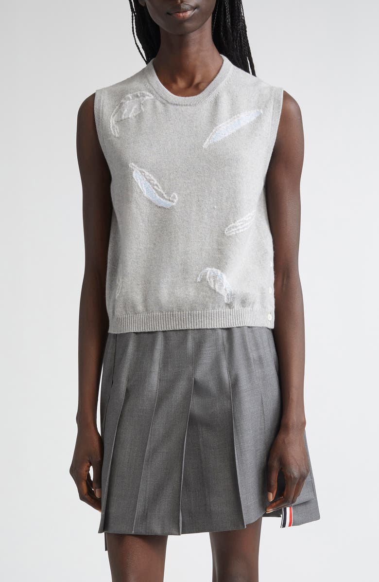 Thom Browne Feather Intarsia Cashmere Sweater Vest, Main, color, Pale Grey