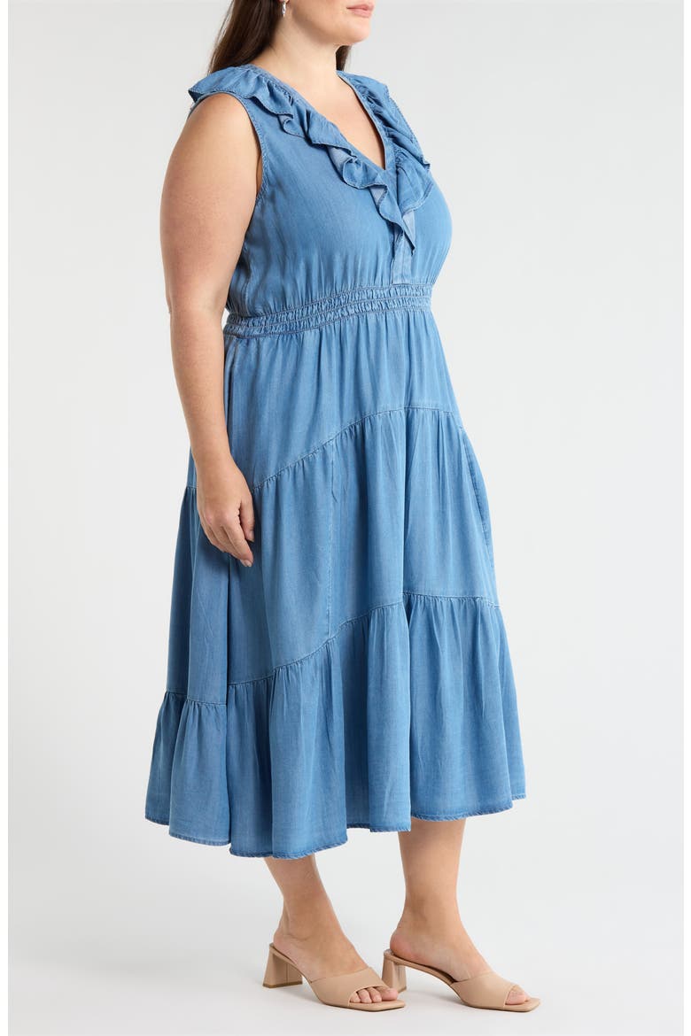 Ruffle Neck Sleeveless Chambray Midi Dress, Alternate, color, MEDIUM WASH