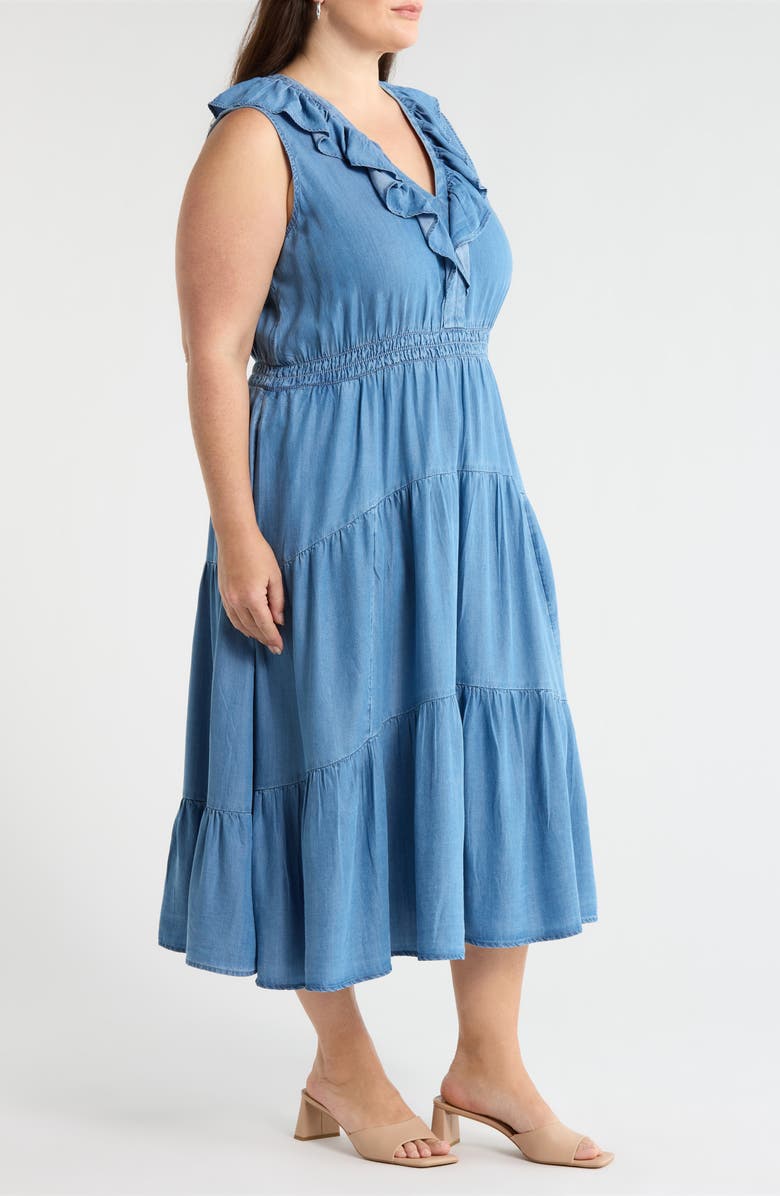 Caslon<sup>®</sup> Ruffle Neck Sleeveless Chambray Midi Dress, Alternate, color, Medium Wash