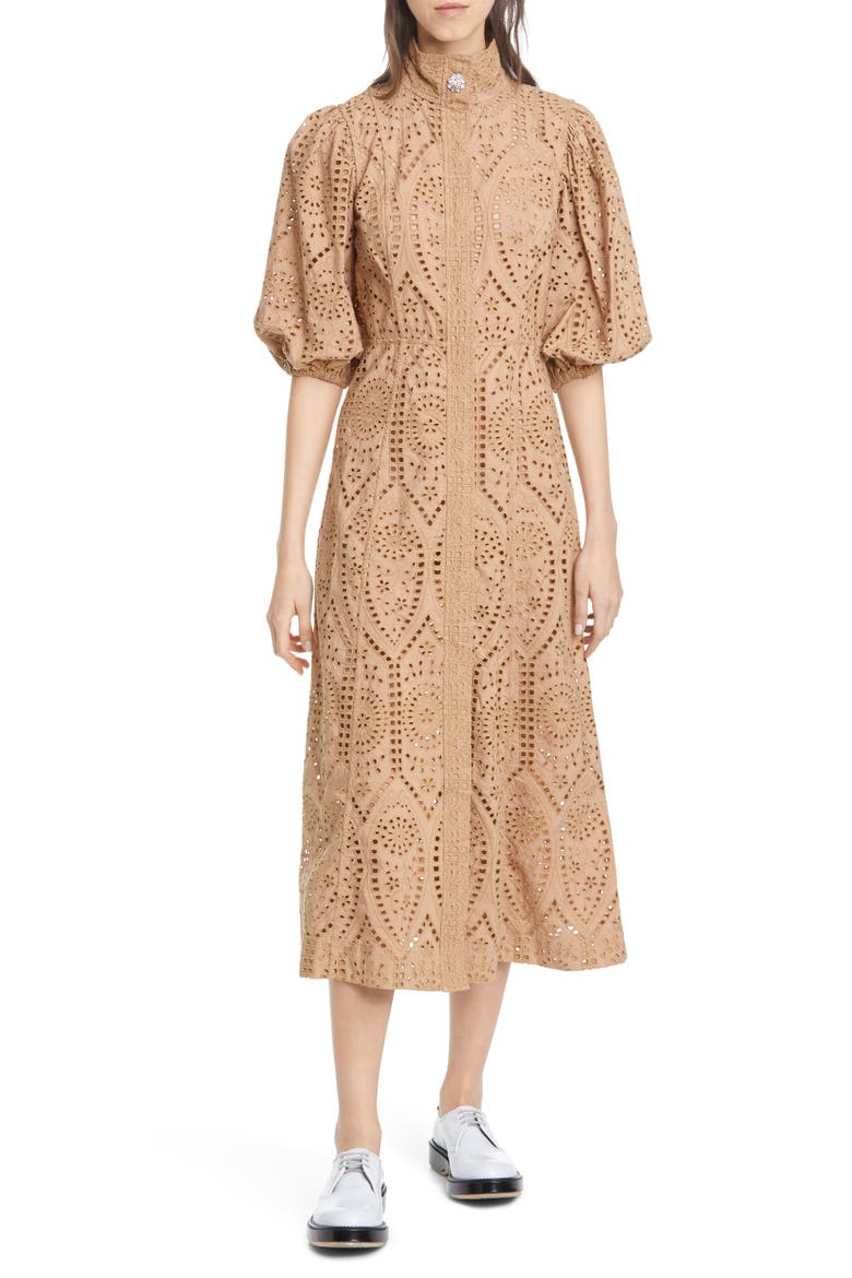 Puff Sleeve Broderie Anglaise Cotton Midi Dress, Main, color, TANNIN 185