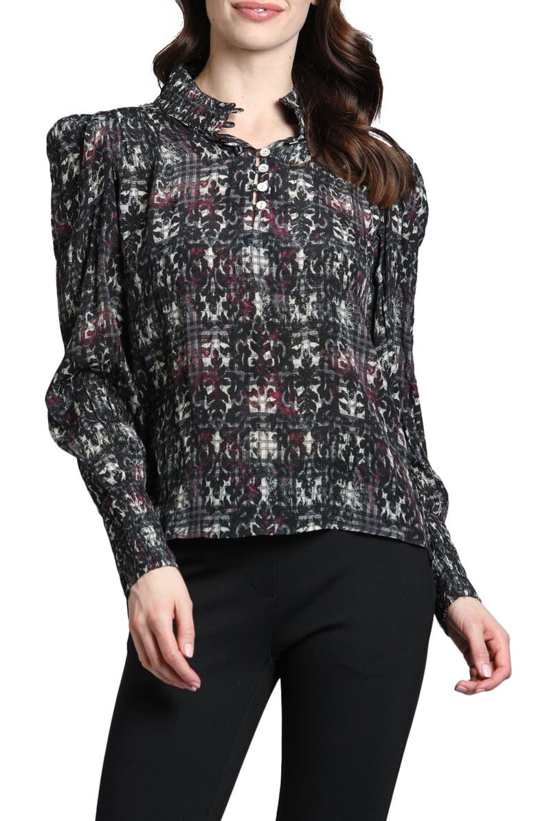 APNY Puff Shoulder Button Front Top, Main, color, Black/White Multi