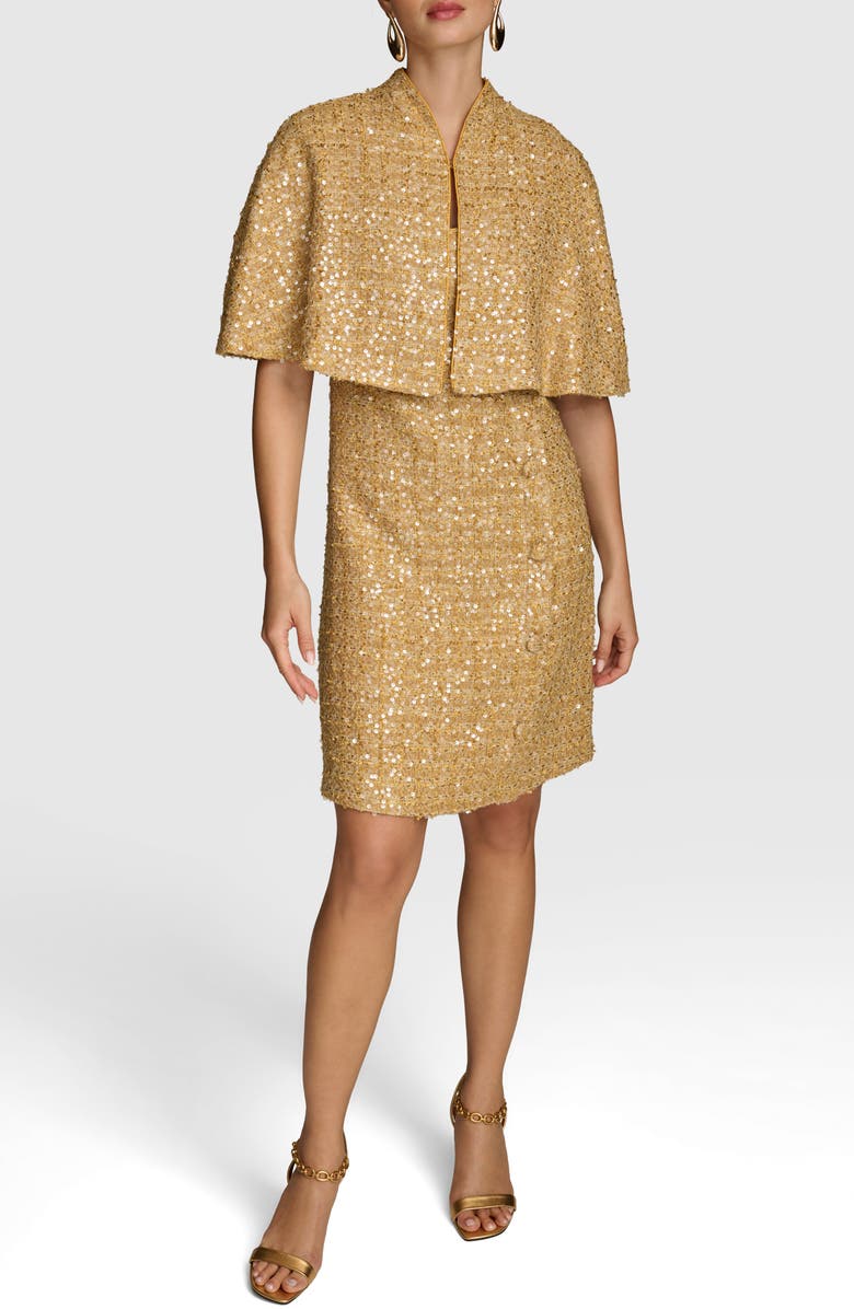 Donna Karan New York Sequin Tweed Cape & Sheath Dress Set, Main, color, Gold